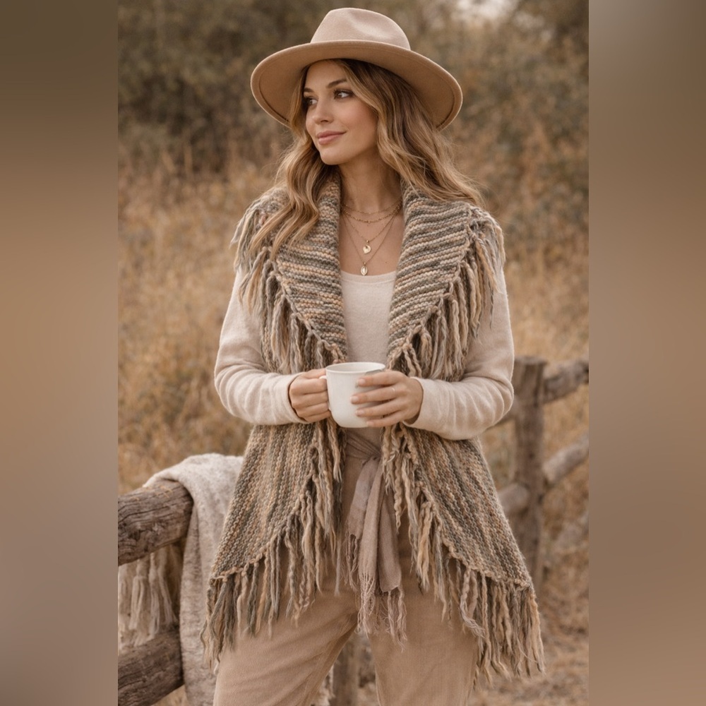 Chicos Boho Fringe Vest Chunky Knit Neutral Cozy
